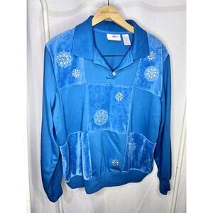 Vintage 90s Alfred‎ Dunner Teal Velour Velvet Embellished Sweatshirt